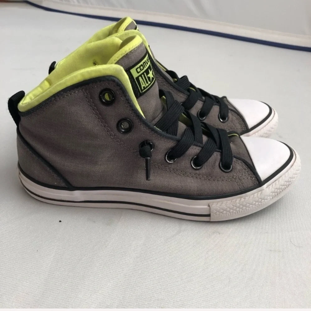 Converse mid-rise gray and neon yellow color block sneakers
